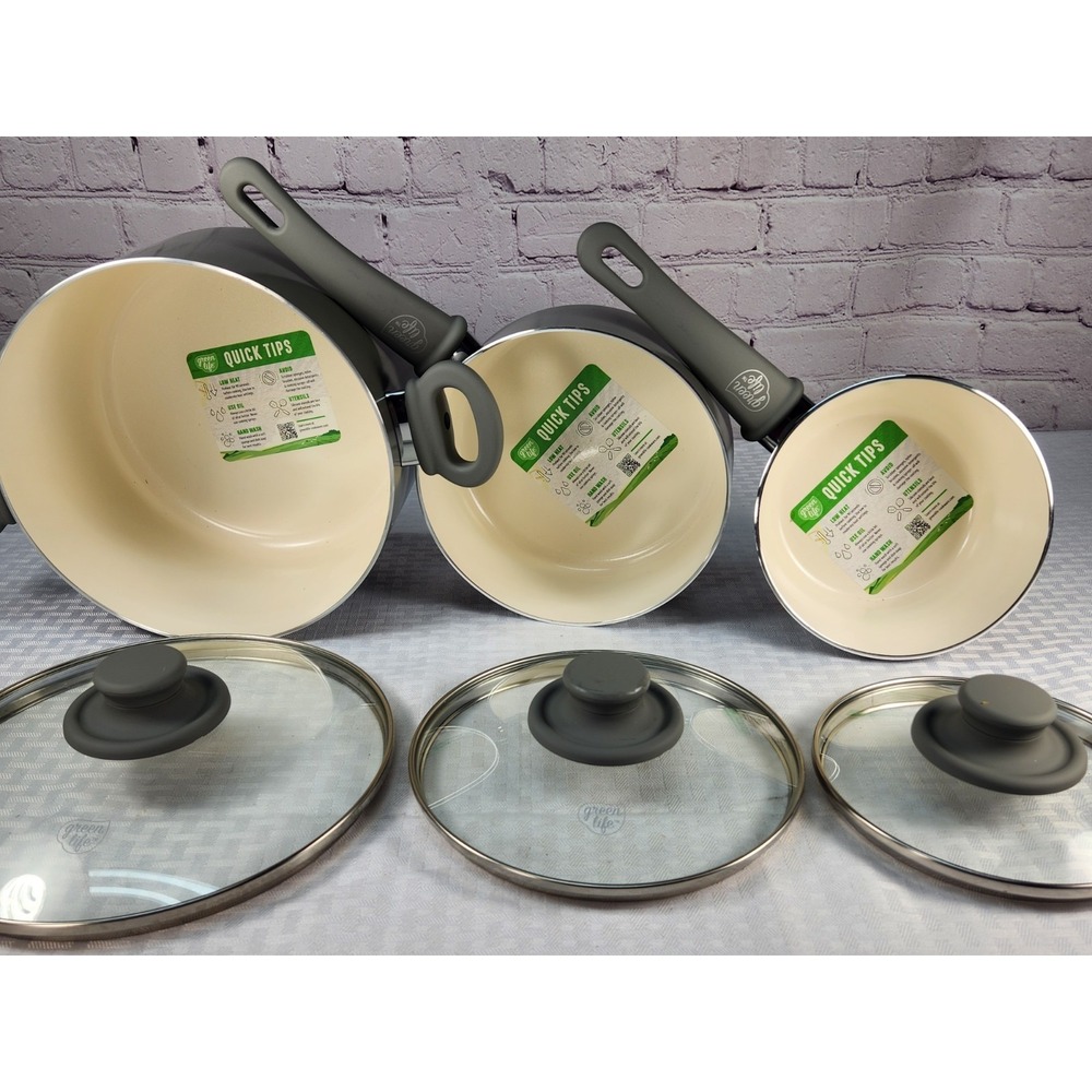 Set NEW Greenlife Healthy Nonstick Ceramic Cookware Dutch Oven & 2 Sauce Pans Li